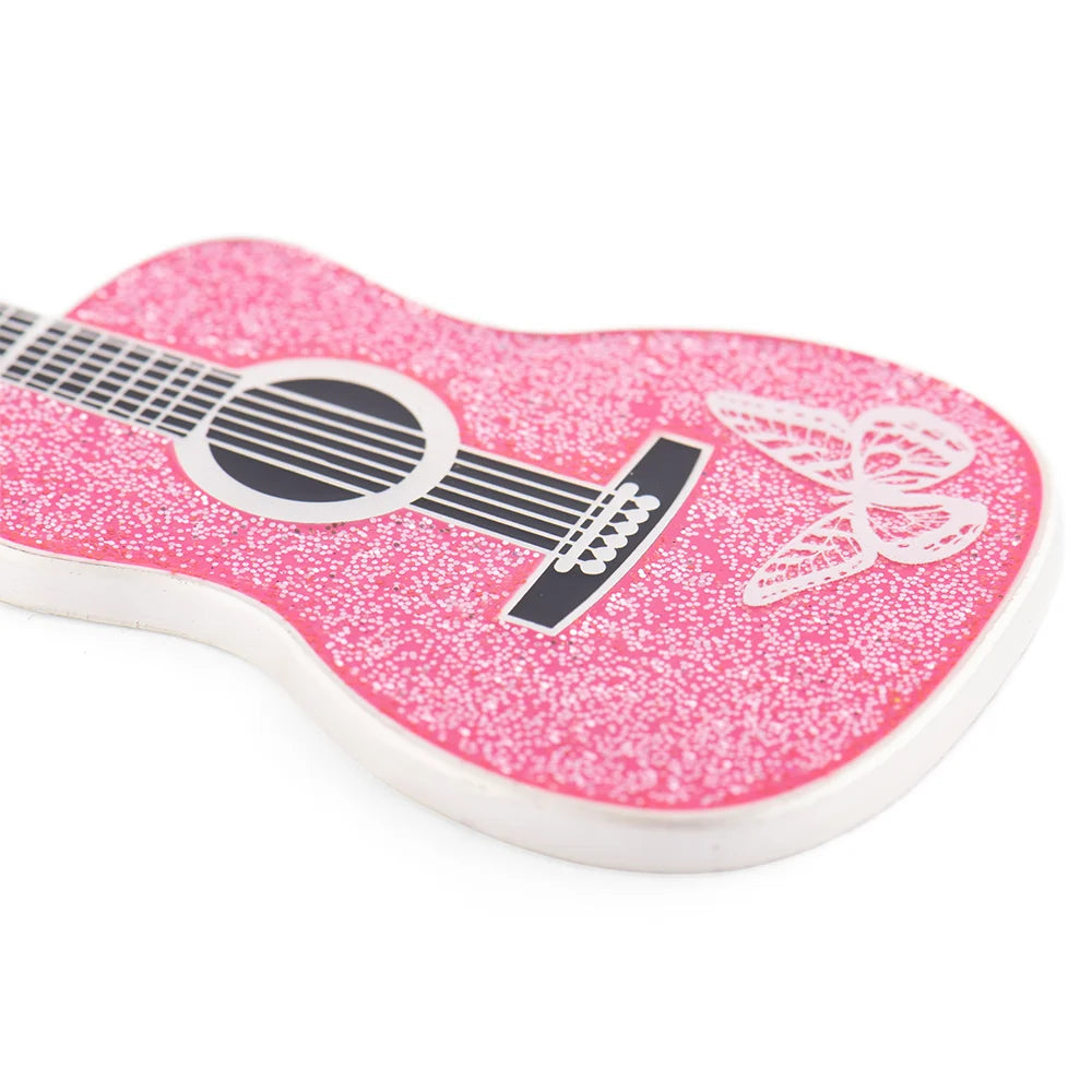 Close-up of the pink glitter and butterfly detail on the Dolly Parton guitar ornament