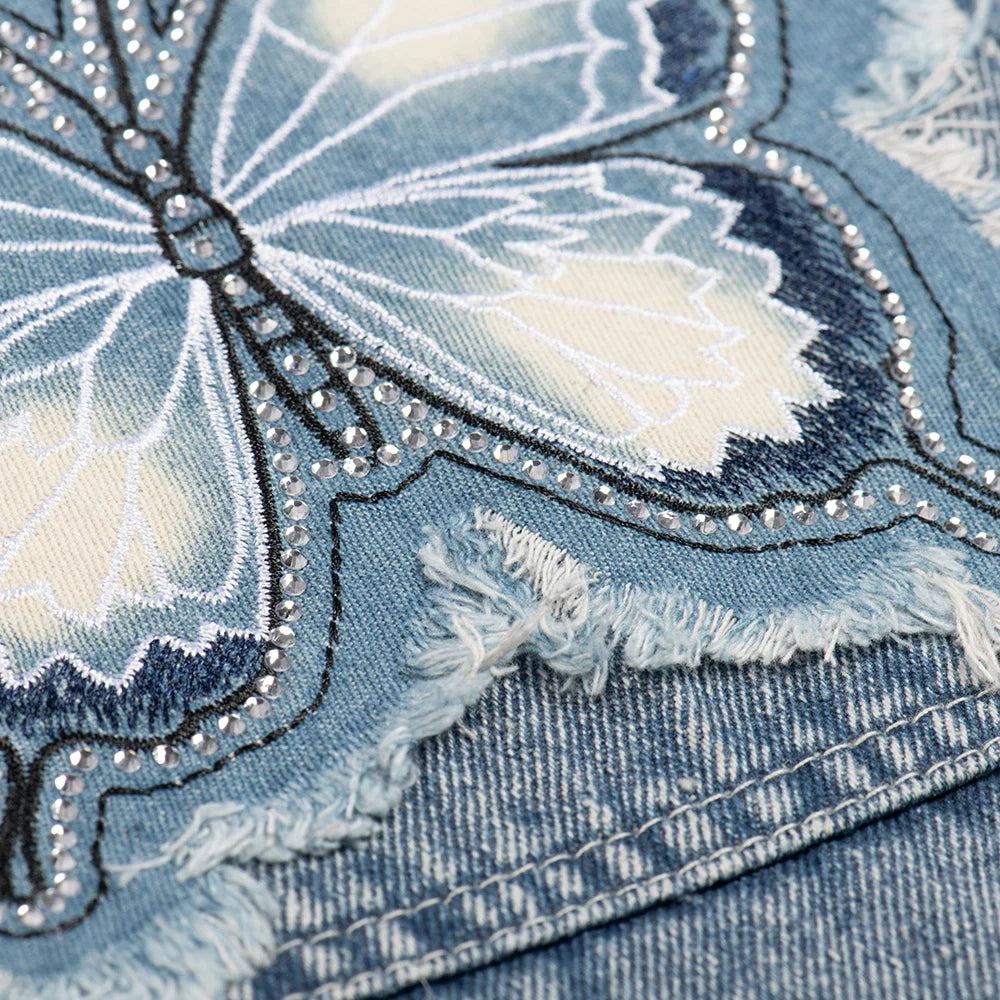 Interior view of the denim handbag lined with clean fabric and finished seams