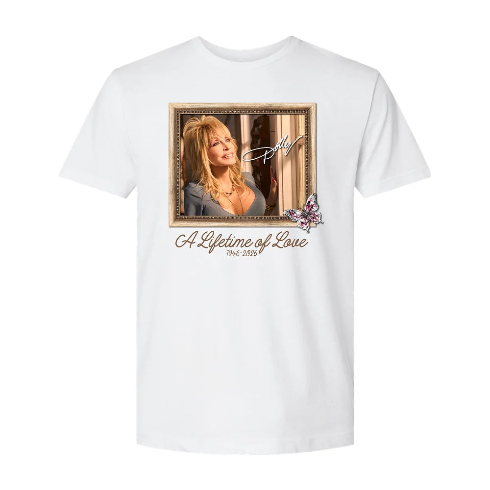 Front view of the white Dolly Parton Legacy T-Shirt featuring clean modern styling and classic fit