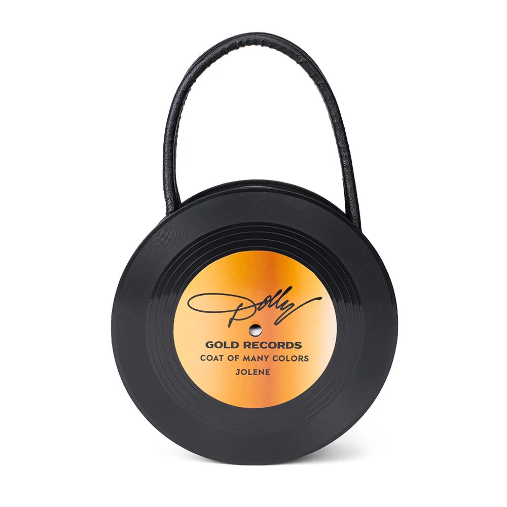 Close-up view of the Platinum and Gold Vinyl graphic detail on the front of the black Dolly Parton bag