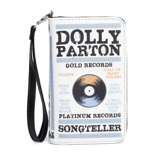 Front view of the Dolly Parton Platinum Records Songteller wristlet in platinum and gold
