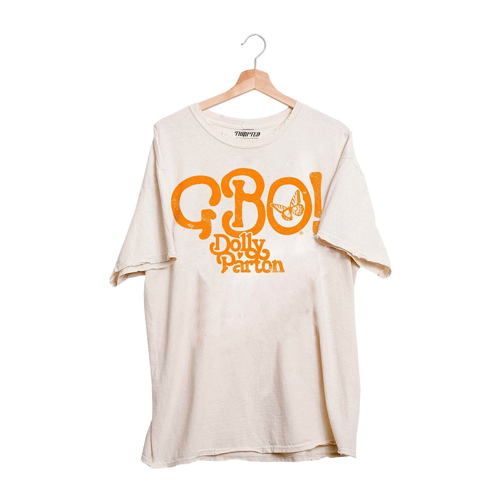 GBO Buttlery Fly Off White Thrifted Distressed T-Shirt with ’Go to the Gym’ in Orange Letters