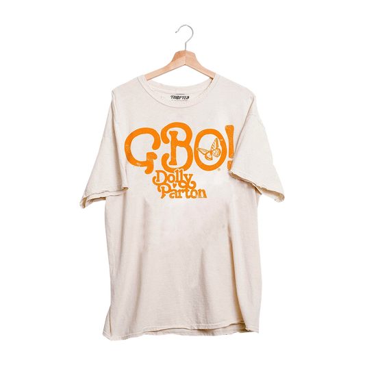 GBO Buttlery Fly Off White Thrifted Distressed T-Shirt with ’Go to the Gym’ in Orange Letters