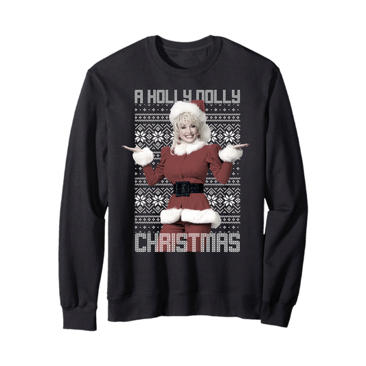 Holly Dolly Crewneck: Black sweater with Santa Claus for festive holiday style