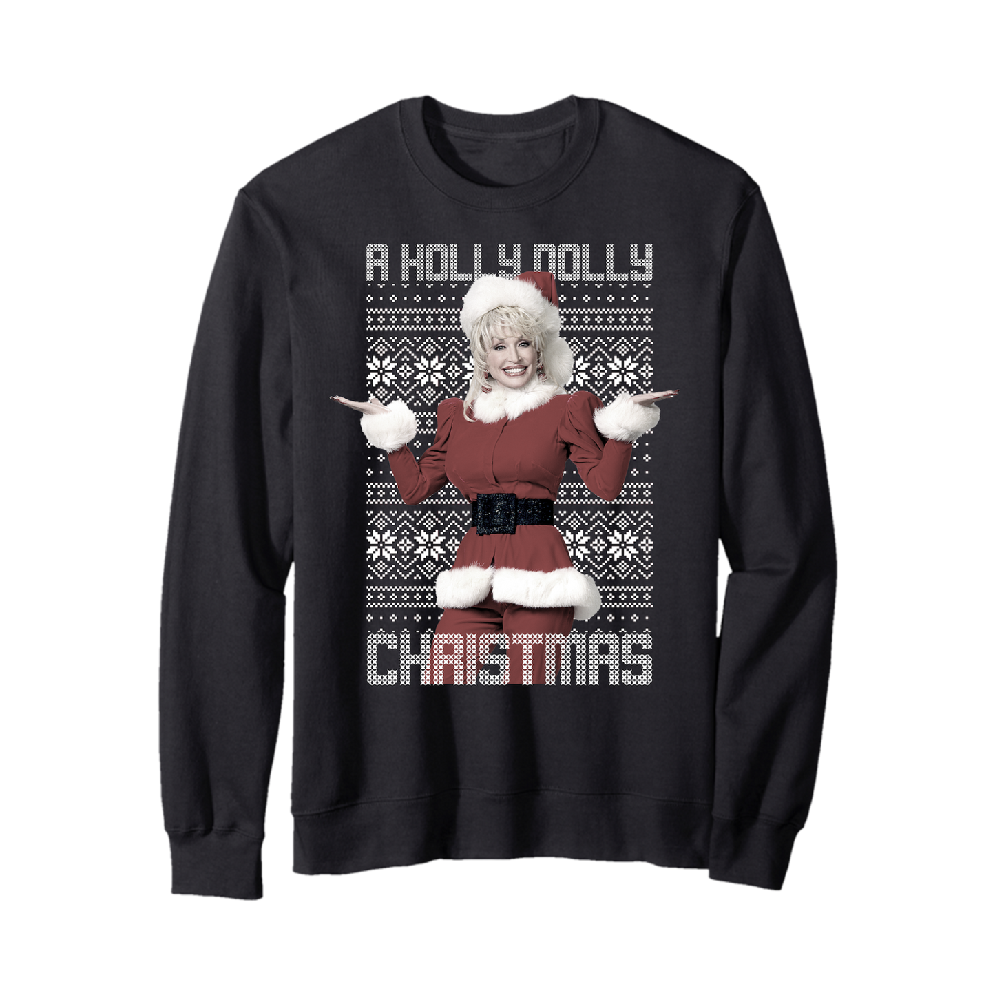 Holly Dolly Crewneck: Black sweater with Santa Claus for festive holiday style