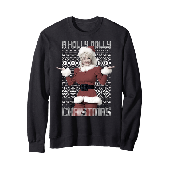 Holly Dolly Crewneck: Black sweater with Santa Claus for festive holiday style