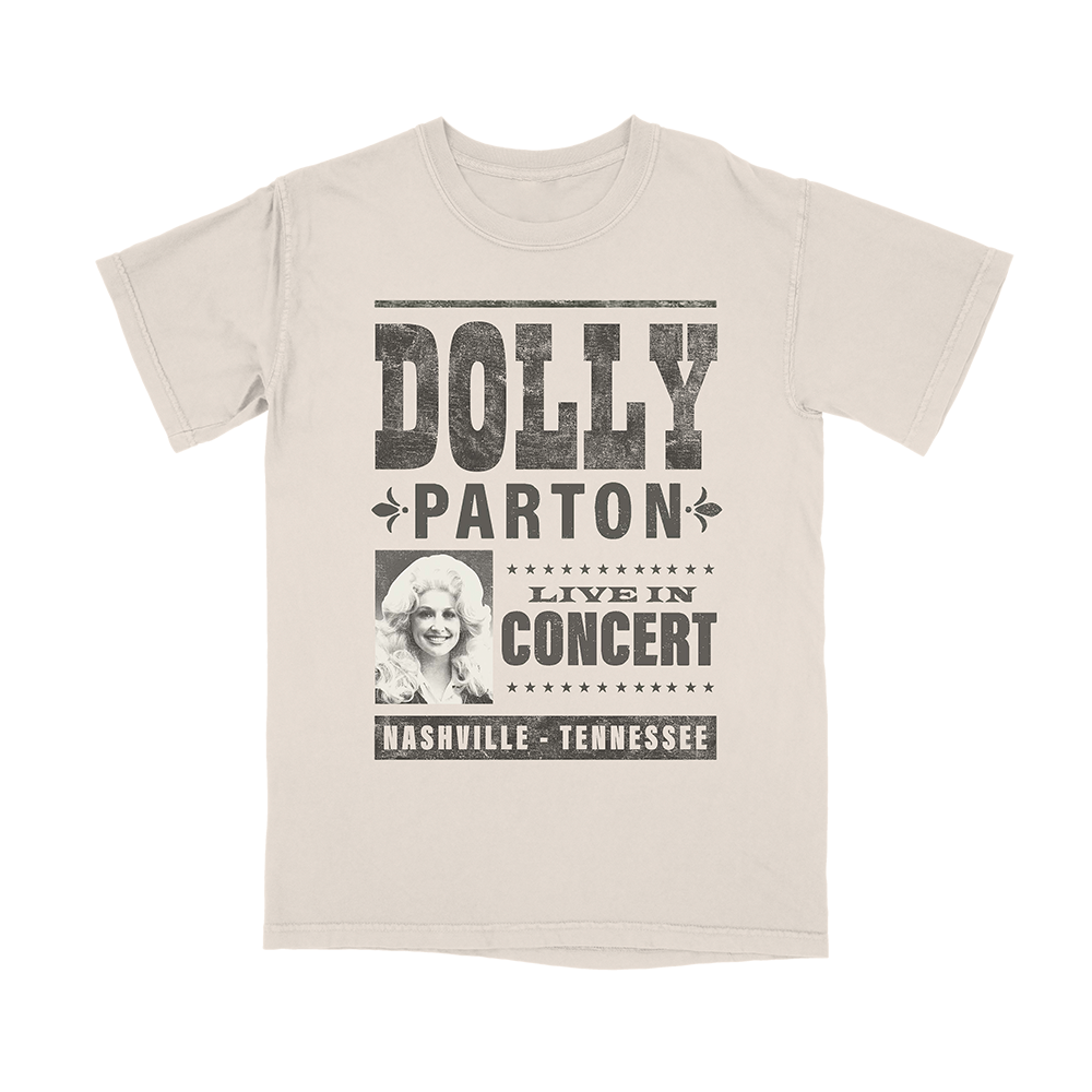 Official Dolly Parton Merchandise. Premium 100% cotton, unisex natural colored t-shirt with a relaxed fit featuring a classic show poster design of Dolly Parton.