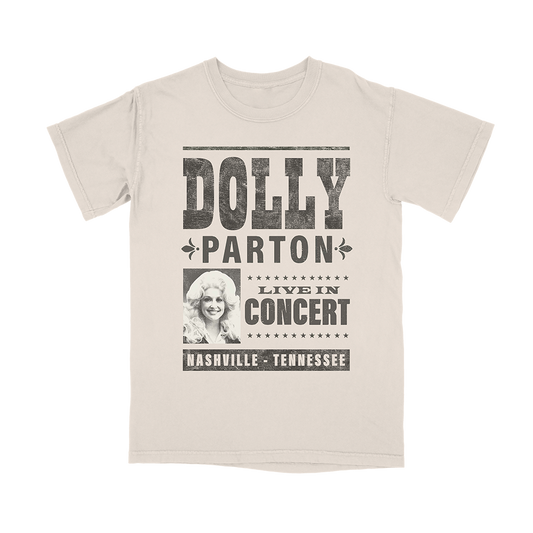 Official Dolly Parton Merchandise. Premium 100% cotton, unisex natural colored t-shirt with a relaxed fit featuring a classic show poster design of Dolly Parton.