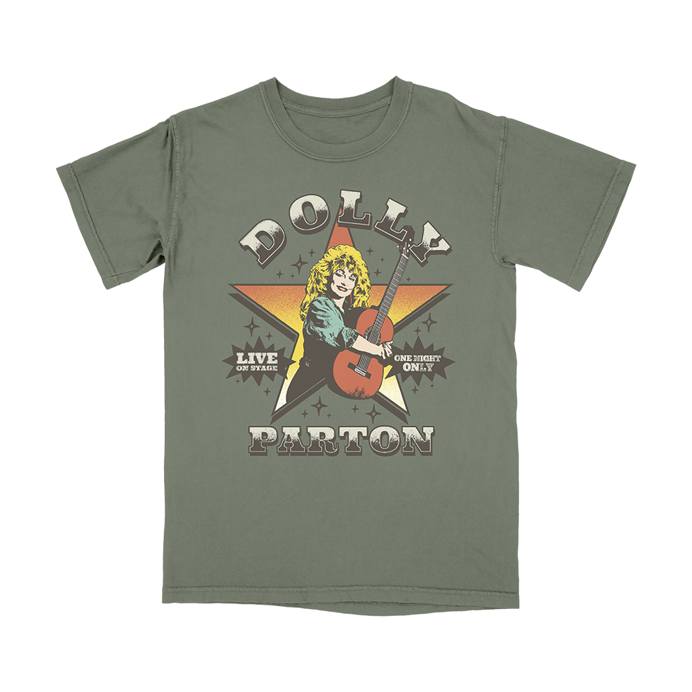 Official Dolly Parton Merchandise. 100% cotton, moss green unisex t-shirt with a relaxed fit featuring an illustrated image of Dolly Parton holding a guitar.