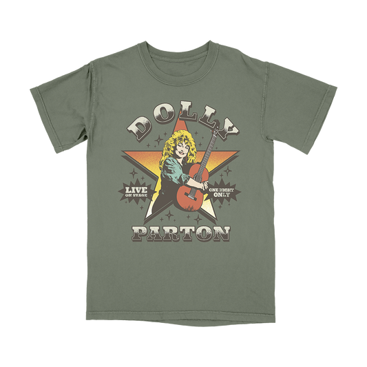 Official Dolly Parton Merchandise. 100% cotton, moss green unisex t-shirt with a relaxed fit featuring an illustrated image of Dolly Parton holding a guitar.