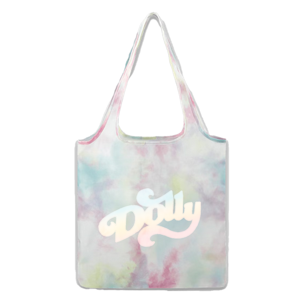 White and pink tie dye tote bag with ’joy’ text, Pastel Dye Gradient Tote at Dolly Parton Store