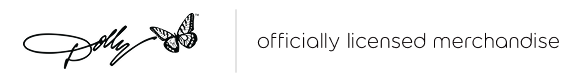 Dolly logo featuring a stylized signature logo with a butterfly on the left and the text 'officially licensed merchandise' on the right.
