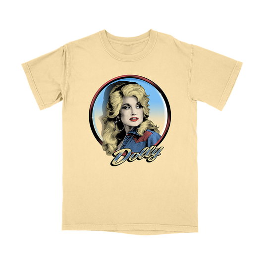 Official Dolly Parton Merchandise. 100% cotton, yellow unisex t-shirt with a relaxed fit featuring a blue, red and yellow classic photo of Dolly Parton with a script logo.