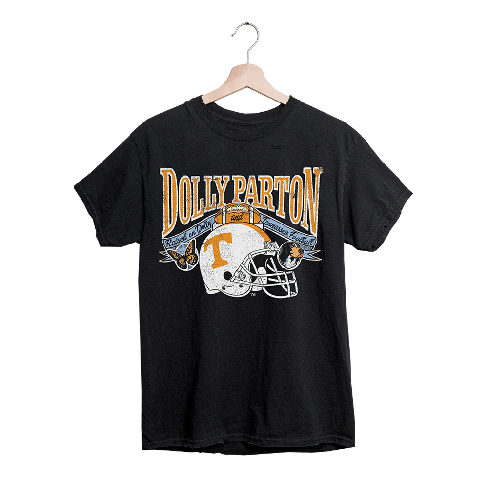 Official Dolly Parton Merchandise. 100% black cotton unisex t-shirt with Dolly Parton and the Tennessee Vols football helmet