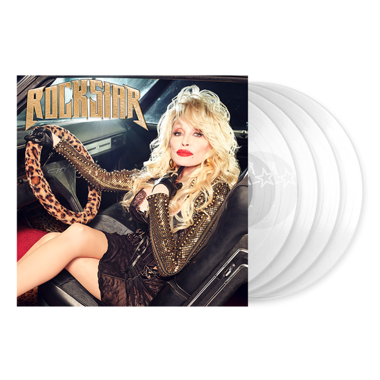 White vinyl showing a woman in a car from Dolly Parton’s Rockstar 4LP Hot Rod Clear Vinyl Box Set