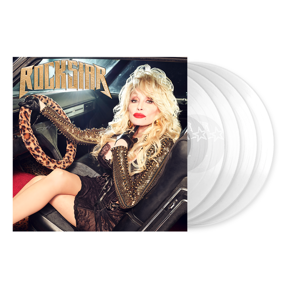 White vinyl showing a woman in a car from Dolly Parton’s Rockstar 4LP Hot Rod Clear Vinyl Box Set