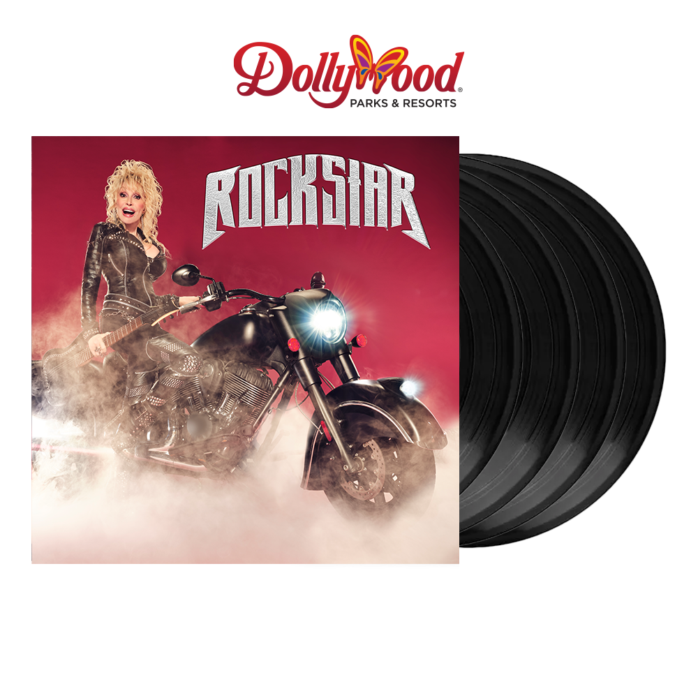 Close-up of Rockstar 4LP Dolly Moto Cover Black Vinyl Box Set featuring a woman on a motorcycle