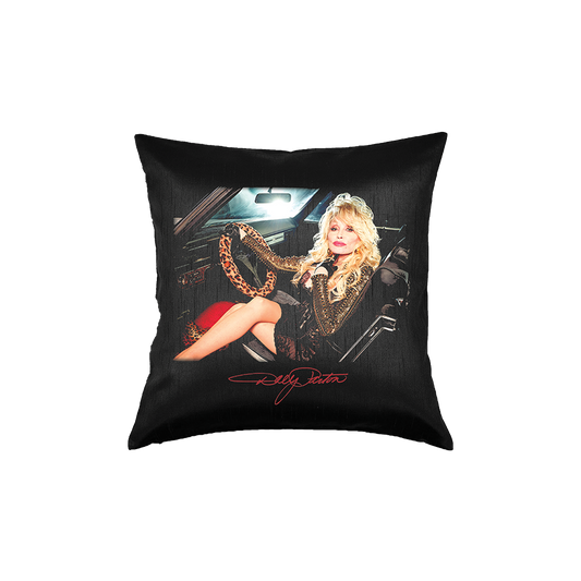 Close-up of Rockstar Album Cover Throw Pillow featuring a woman in a car