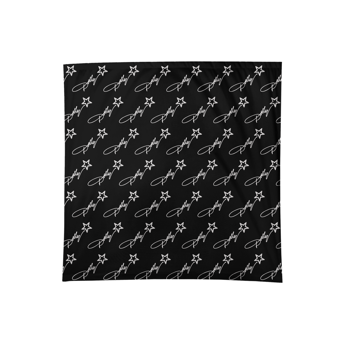 Official Dolly Parton Merchandise. 100% cotton black bandana with a white all over print Dolly Parton Rockstar logo.