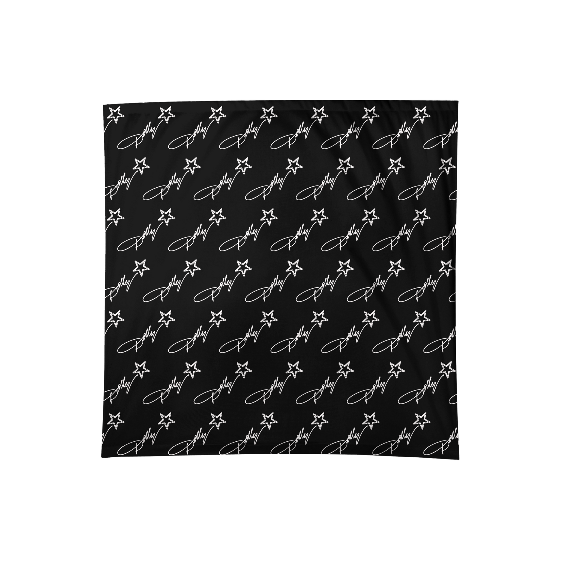 Official Dolly Parton Merchandise. 100% cotton black bandana with a white all over print Dolly Parton Rockstar logo.