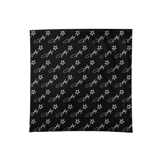 Official Dolly Parton Merchandise. 100% cotton black bandana with a white all over print Dolly Parton Rockstar logo.