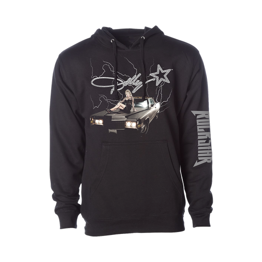 Official Dolly Parton Merchandise. 80% cotton / 20% polyester mid weight unisex pullover hoodie with a slim fit. The print features a photo of Dolly sitting on a classic car and the Rockstar album logo printed on the left sleeve.