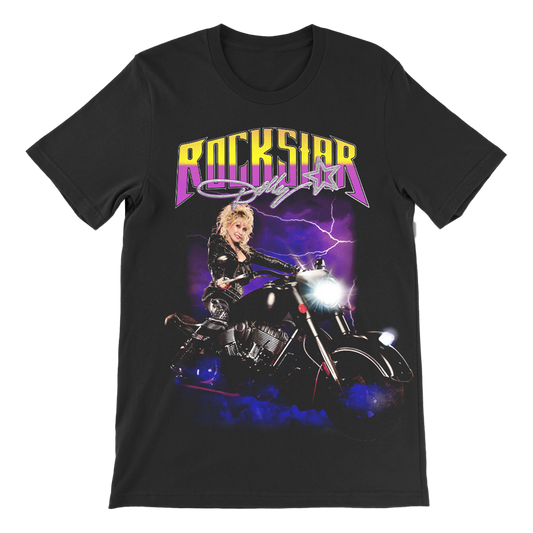 Rockstar Dolly Moto T-Shirt: Black tee featuring a woman riding a motorcycle - Parton style