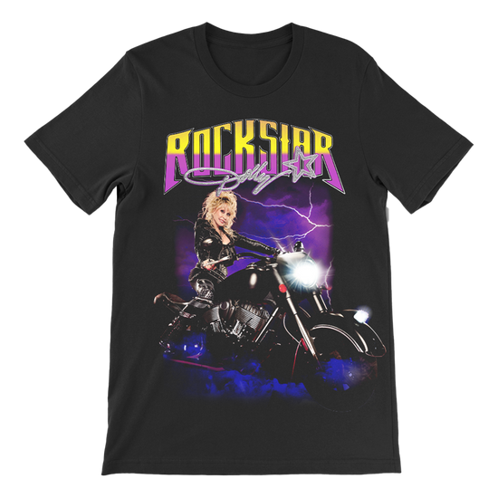 Rockstar Dolly Moto T-Shirt: Black tee featuring a woman riding a motorcycle - Parton style