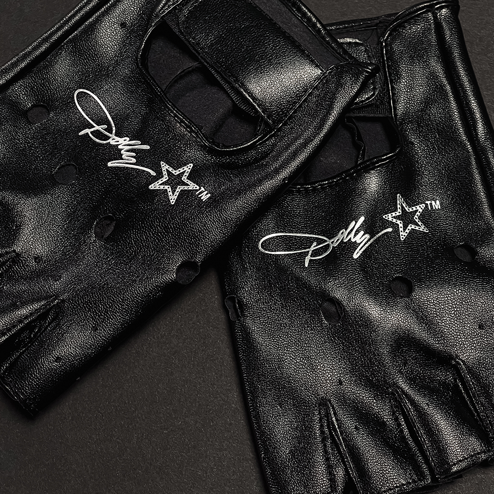Rockstar Fingerless Gloves | Black Leather with White Writing - Dolly Parton Inspired