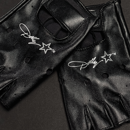 Rockstar Fingerless Gloves | Black Leather with White Writing - Dolly Parton Inspired