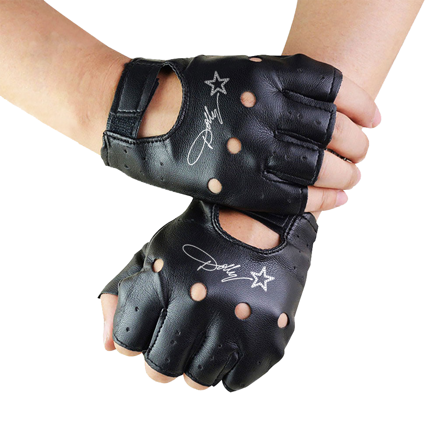 Official Dolly Parton Merchandise. PU leather fingerless gloves featuring the Dolly Parton Rockstar logo. Finish off your rocker look with this iconic gloves.