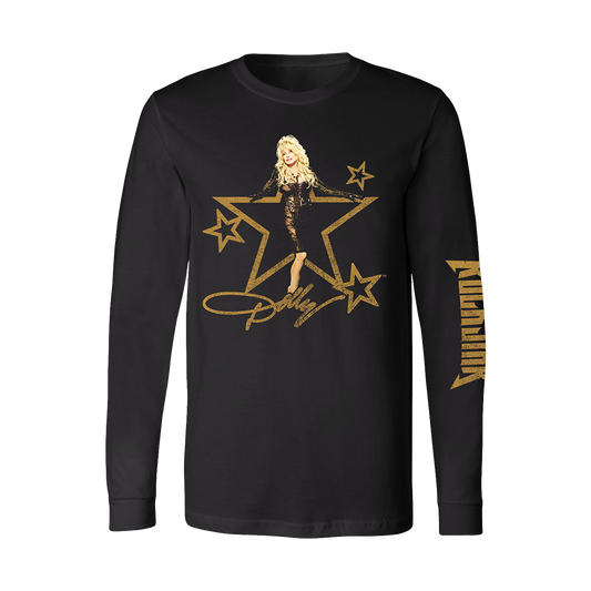 Long sleeve black shirt with gold star and ’Dolly’ name – Rockstar Gold Photo Long Sleeve