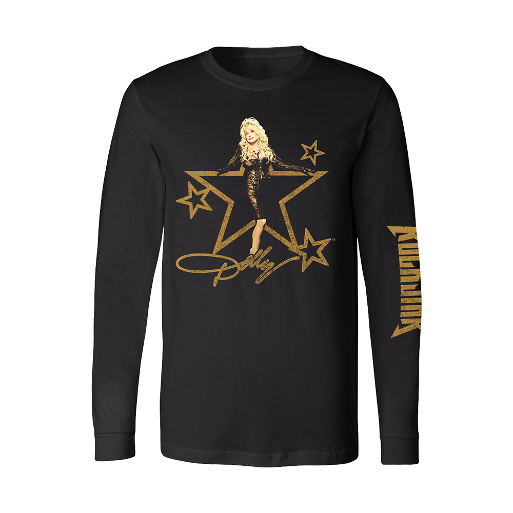 Long sleeve black shirt with gold star and ’Dolly’ name – Rockstar Gold Photo Long Sleeve