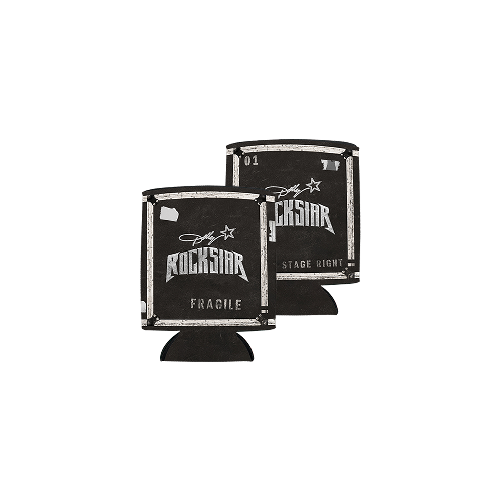 Official Dolly Parton Merchandise. Double sided, sublimated can cooler featuring the Rockstar logo and road case details.