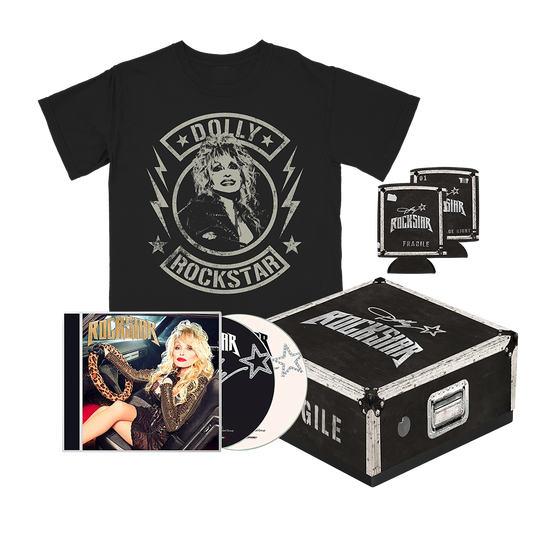 Official Dolly Parton Merchandise. Rockstar Roadie CD Box Set featuring a Rockstar CD, can cooler and a t-shirt.