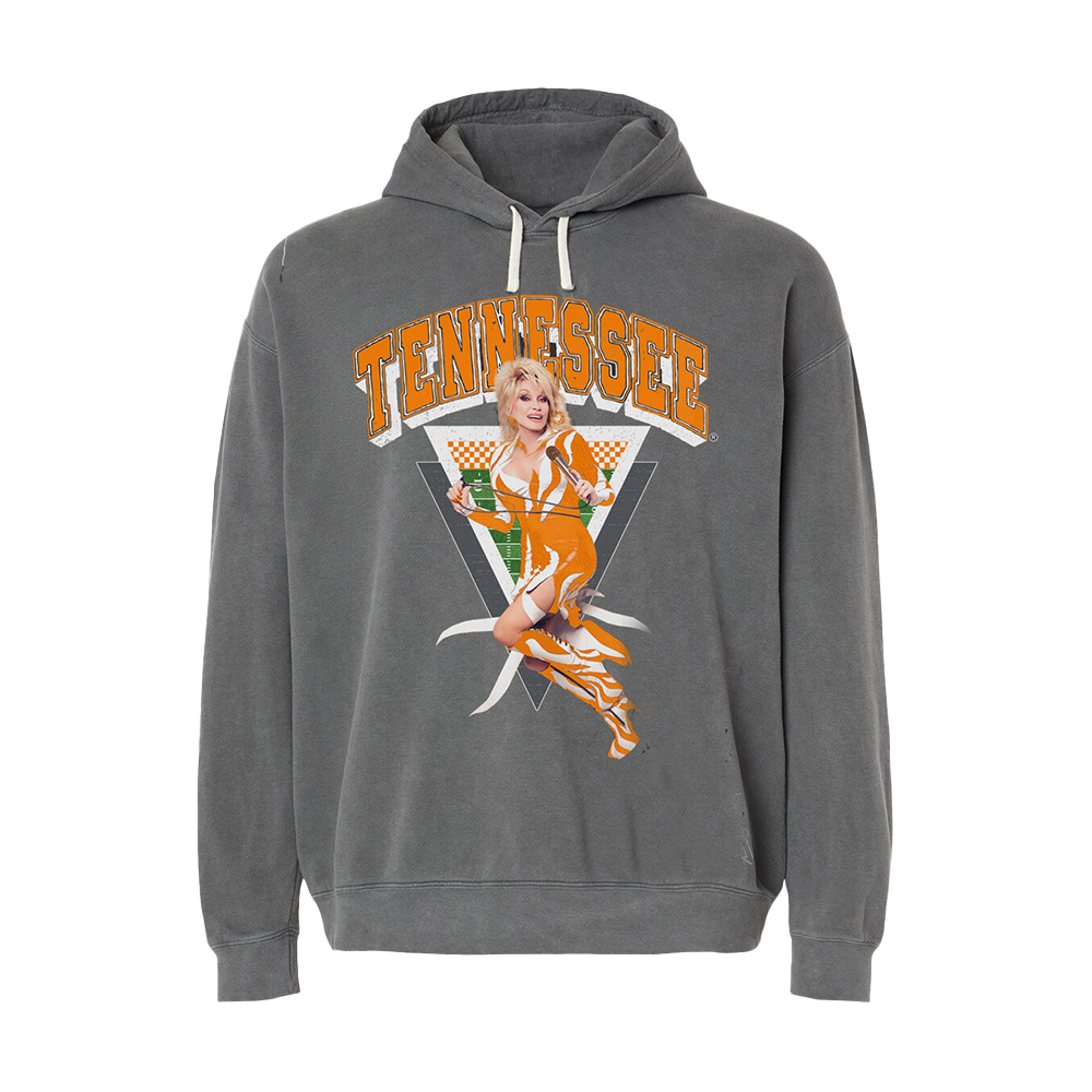 Official Dolly Parton Merchandise. Cotton unisex, grey pullover hoodie featuring a photo of Dolly Parton in the Tennessee Vols colors.