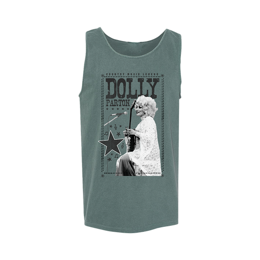 Official Dolly Parton Merchandise. Premium 100% cotton unisex tank top with a relaxed fit featuring a classic photo of Dolly Parton playing the guita