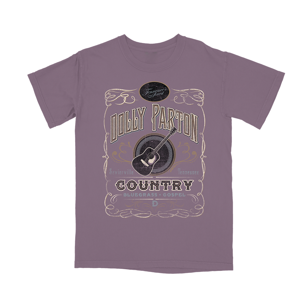 Official Dolly Parton Merchandise. Premium 100% cotton, unisex burgundy t-shirt with a relaxed fit featuring a whisky bottle label inspired design.