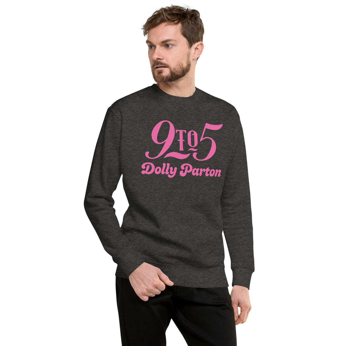 Detailed view of the ribbed collar and neckline on the charcoal heather sweatshirt
