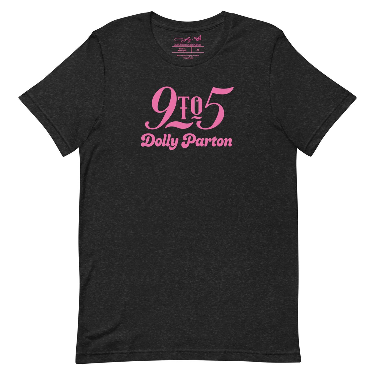 Black Heather t-shirt featuring the official Dolly Parton 9 To 5 graphic centered on the chest, front view