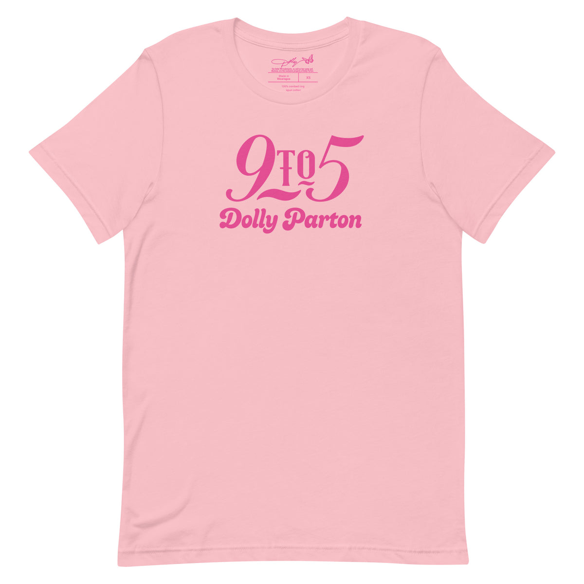 Pink t-shirt featuring the official Dolly Parton 9 To 5 graphic on the front chest, front view
