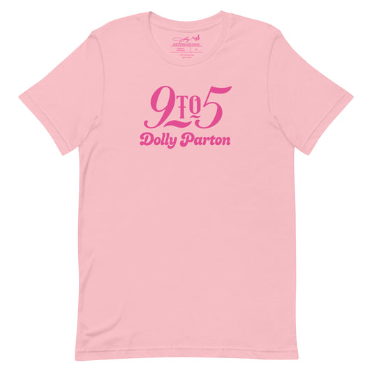 Pink t-shirt featuring the official Dolly Parton 9 To 5 graphic on the front chest, front view