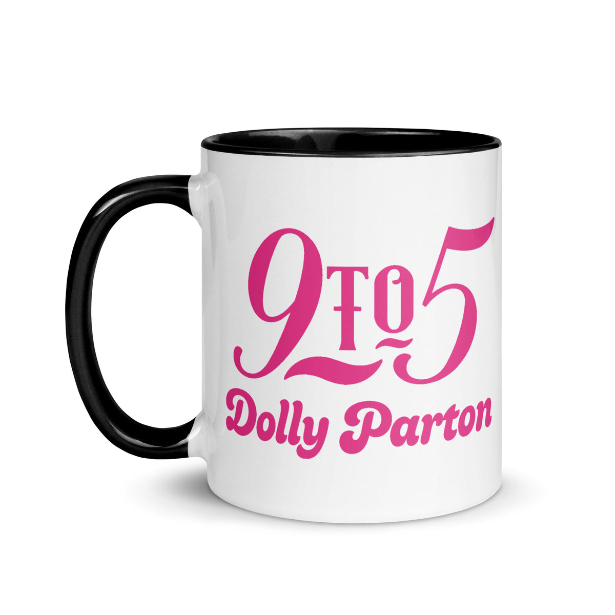 Side angle view of the black 11 oz Dolly Parton mug