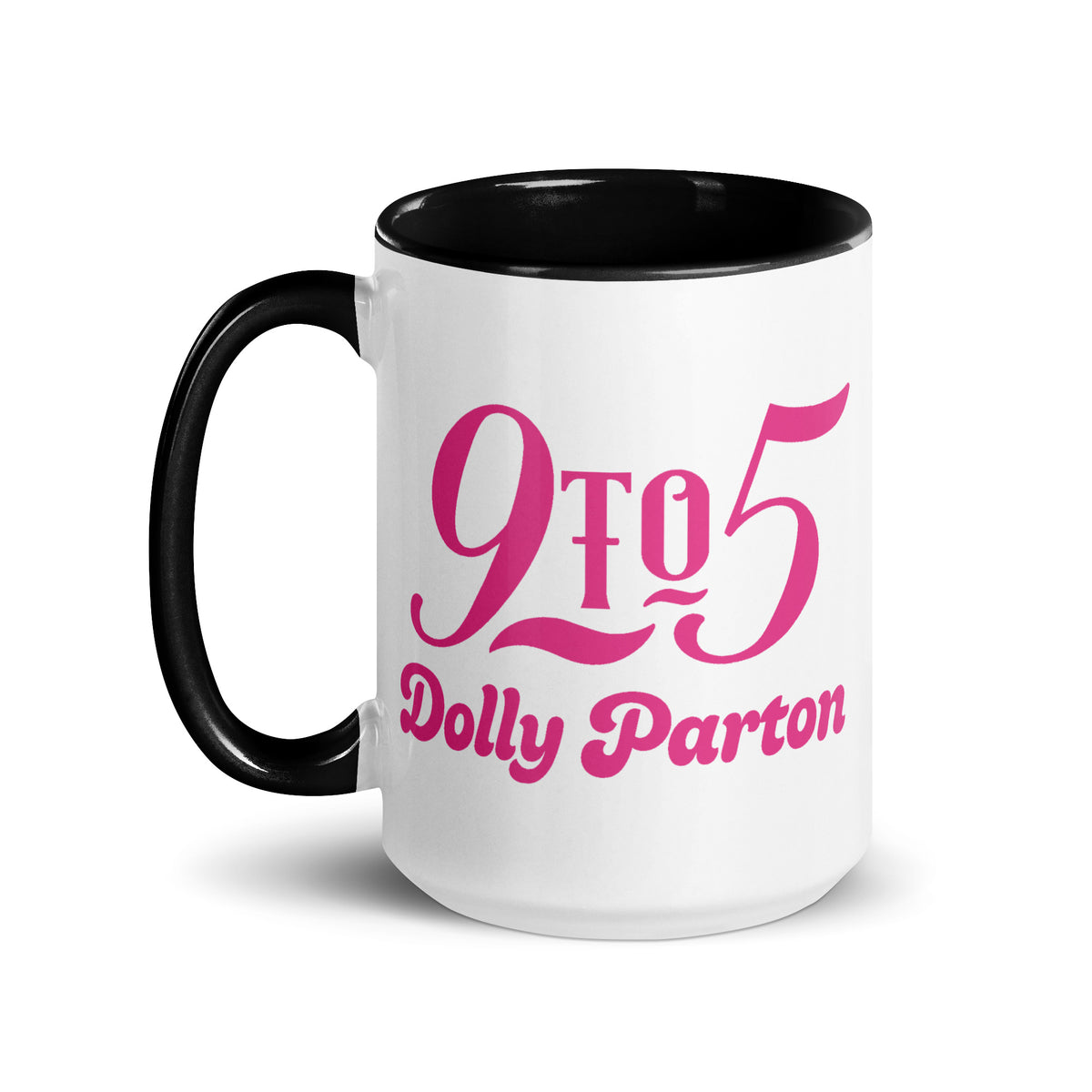 Lifestyle view of the pink Dolly Parton mug on a kitchen table