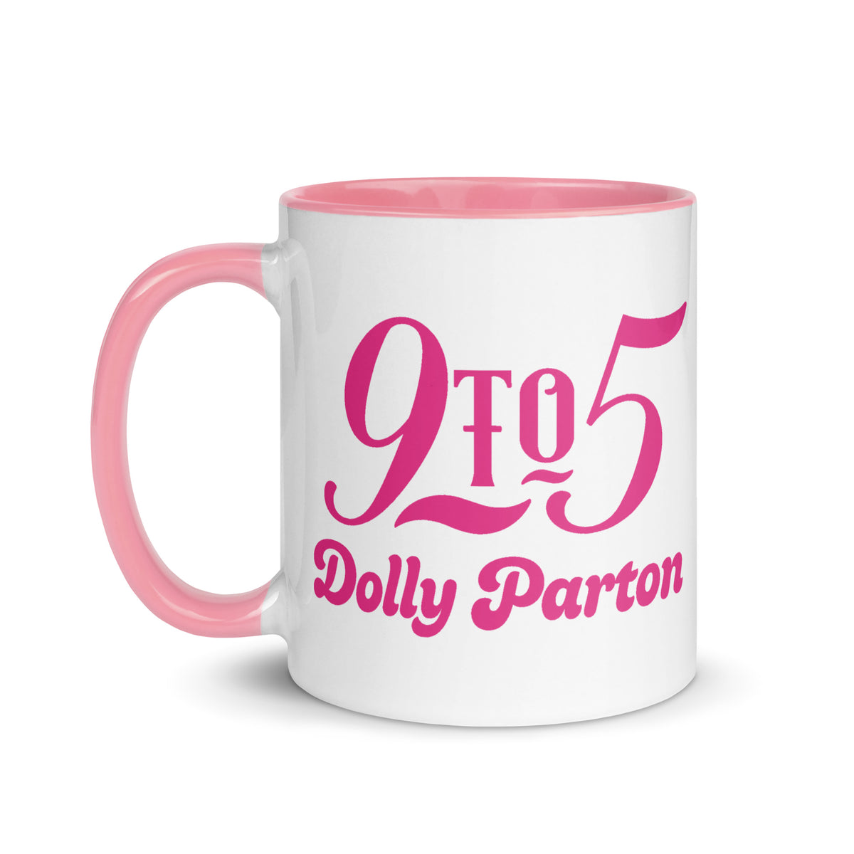 Black ceramic mug featuring the Dolly Parton 9 to 5 design on the front