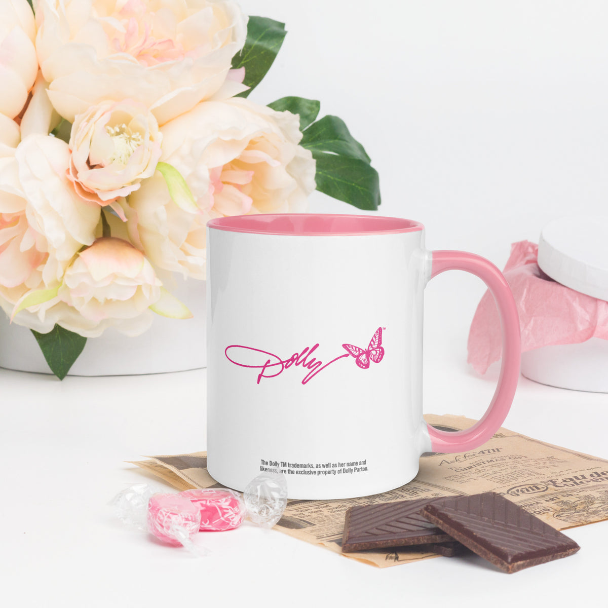 Pink ceramic mug featuring the Dolly Parton 9 to 5 design