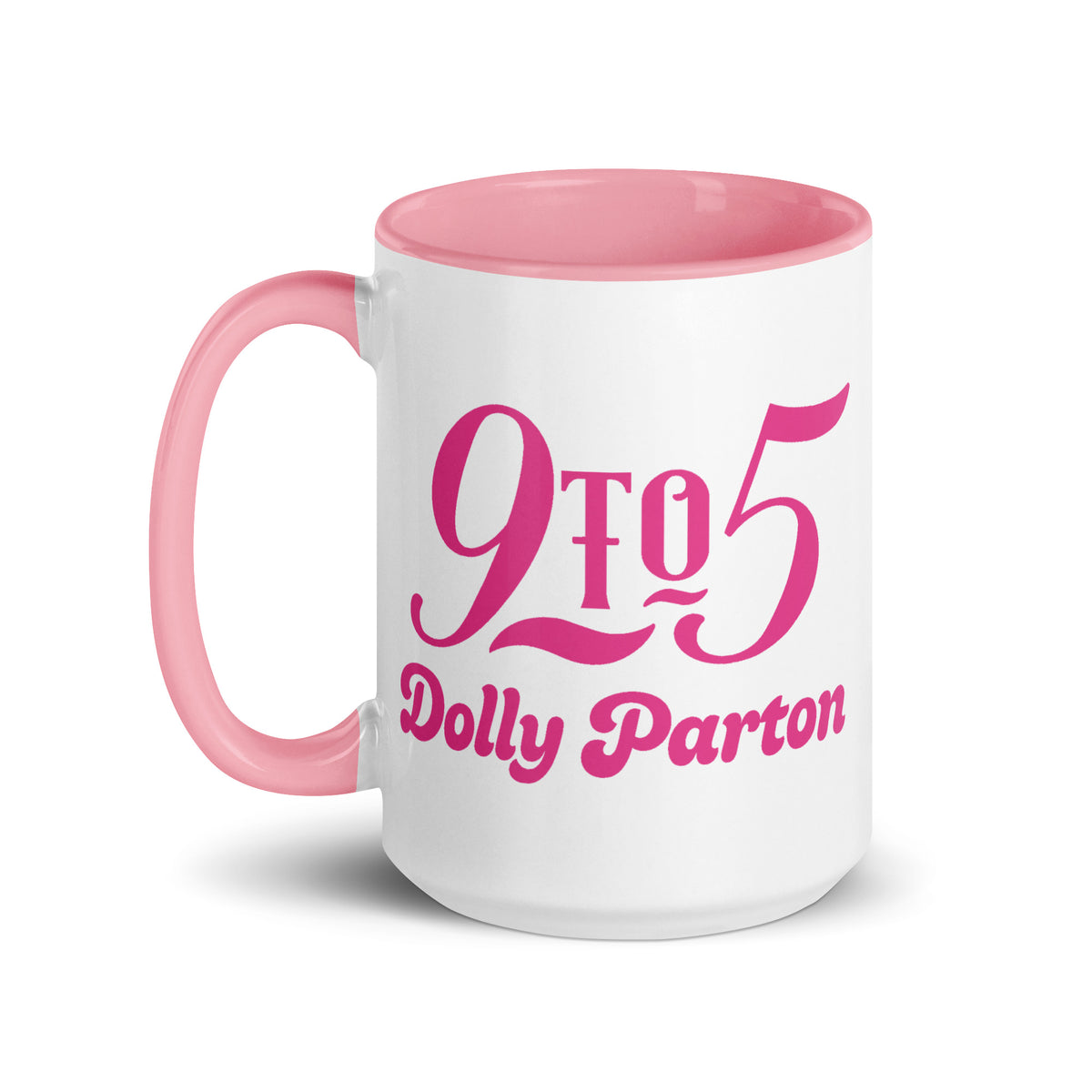 Front-facing view of the pink Dolly Parton 9 to 5 coffee mug