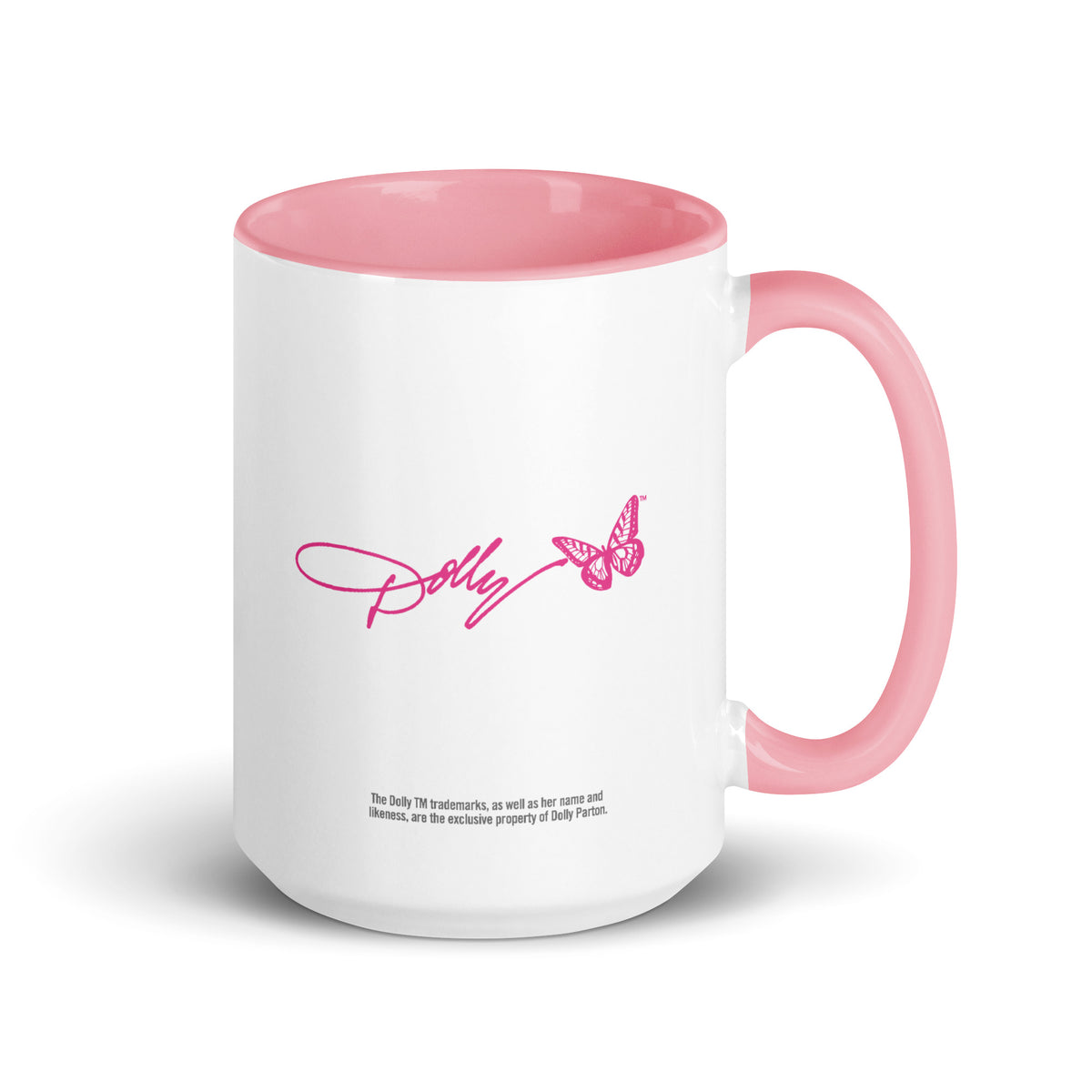 Side angle view of the pink 15 oz Dolly Parton mug