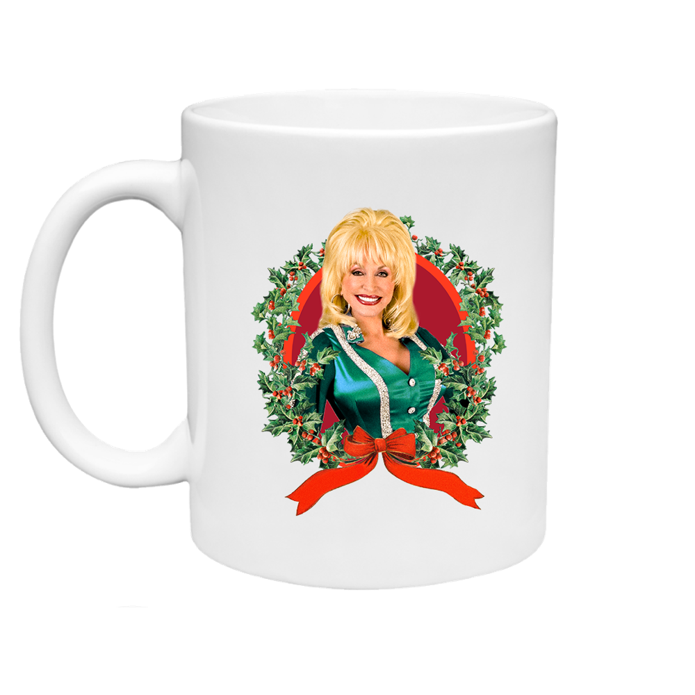 Blonde girl holding Wreath Holiday Mug - white mug with festive Christmas wreath design