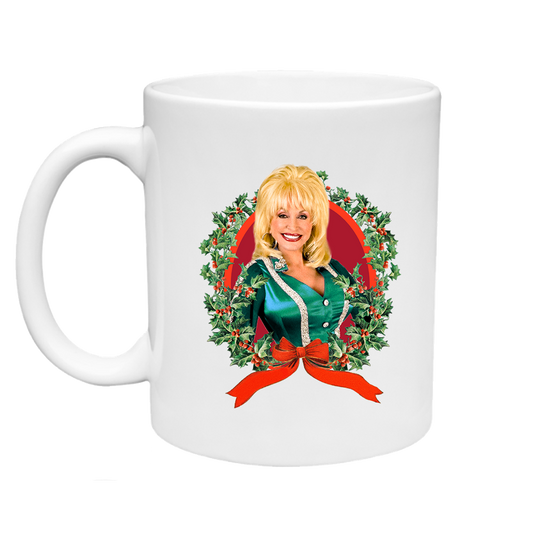 Blonde girl holding Wreath Holiday Mug - white mug with festive Christmas wreath design